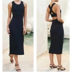 AYR The Vava black ribbed knit criss cross back midi dress Size Large Minimal
